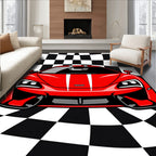 Red White Striped Sports Car Racing Rug