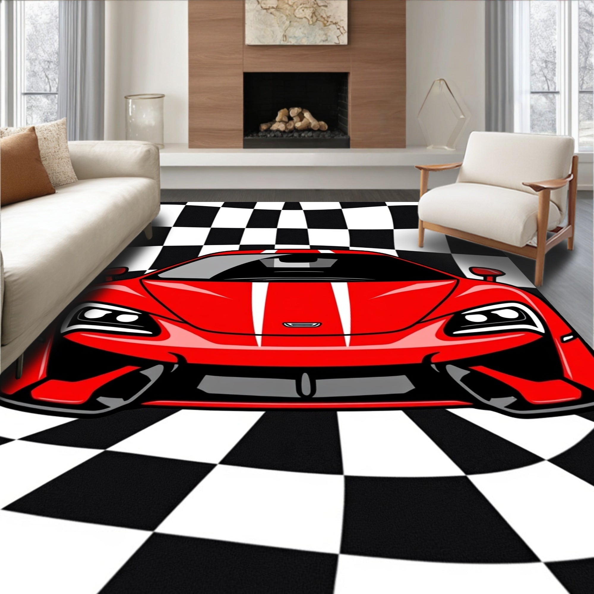 Red White Striped Sports Car Racing Rug