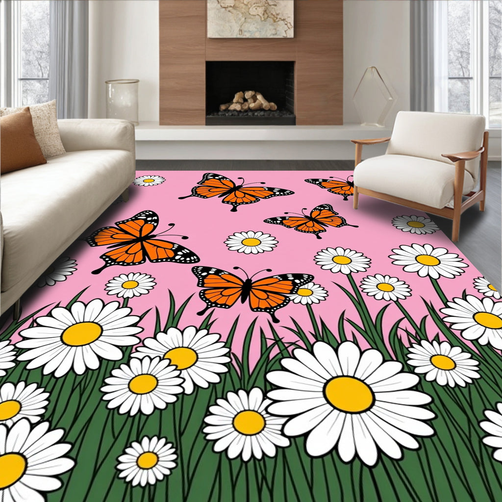 Whimsical orange butterfly daisy garden Rug