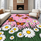 Whimsical orange butterfly daisy garden Rug