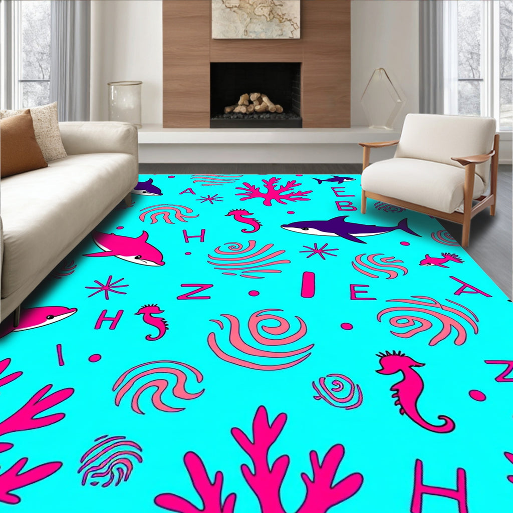 Oceanic Dolphins Seahorses Coral Swirls Rug