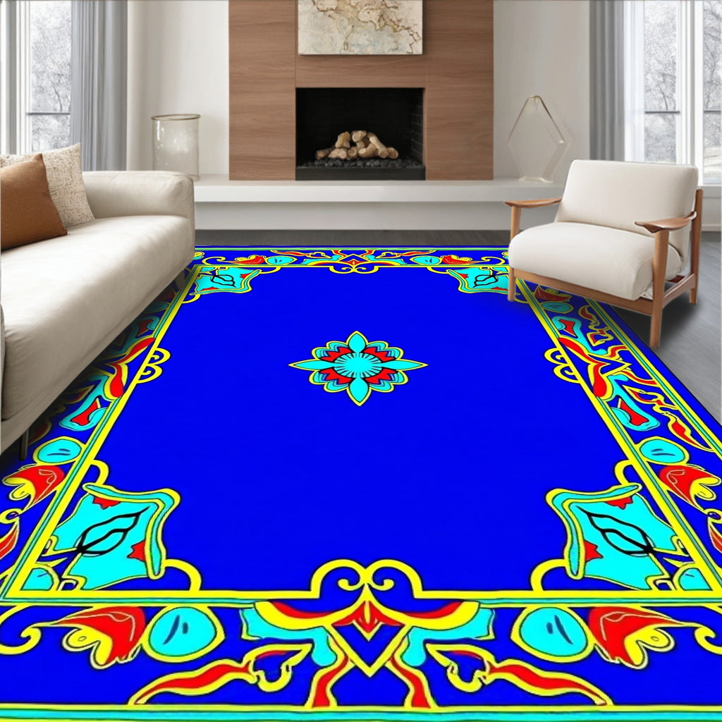 Vibrant Blue Red Yellow Floral Medallion Rug