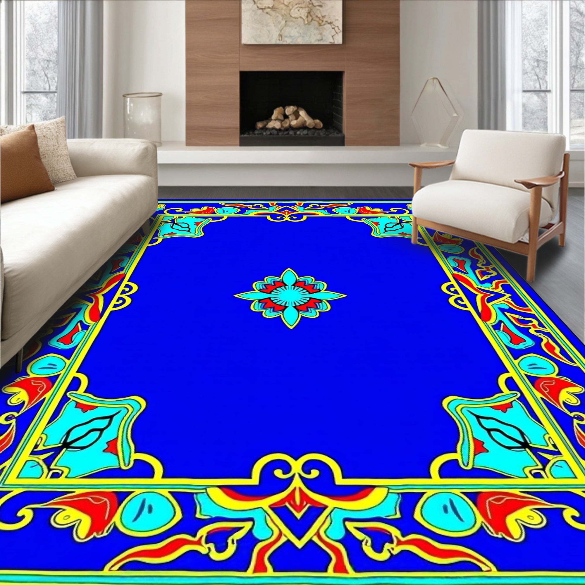 Vibrant Blue Red Yellow Floral Medallion Rug