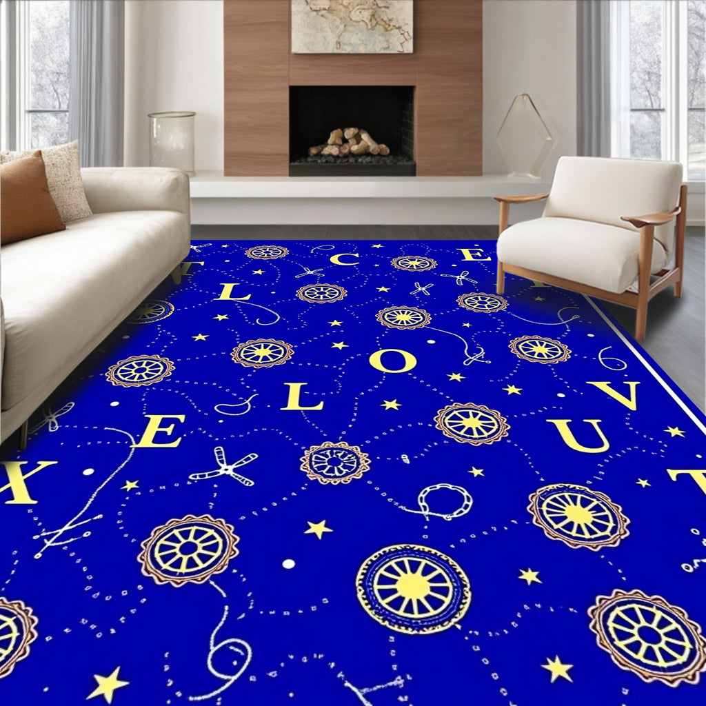 Yellow Wheel Starry Cosmic Blue Field Rug