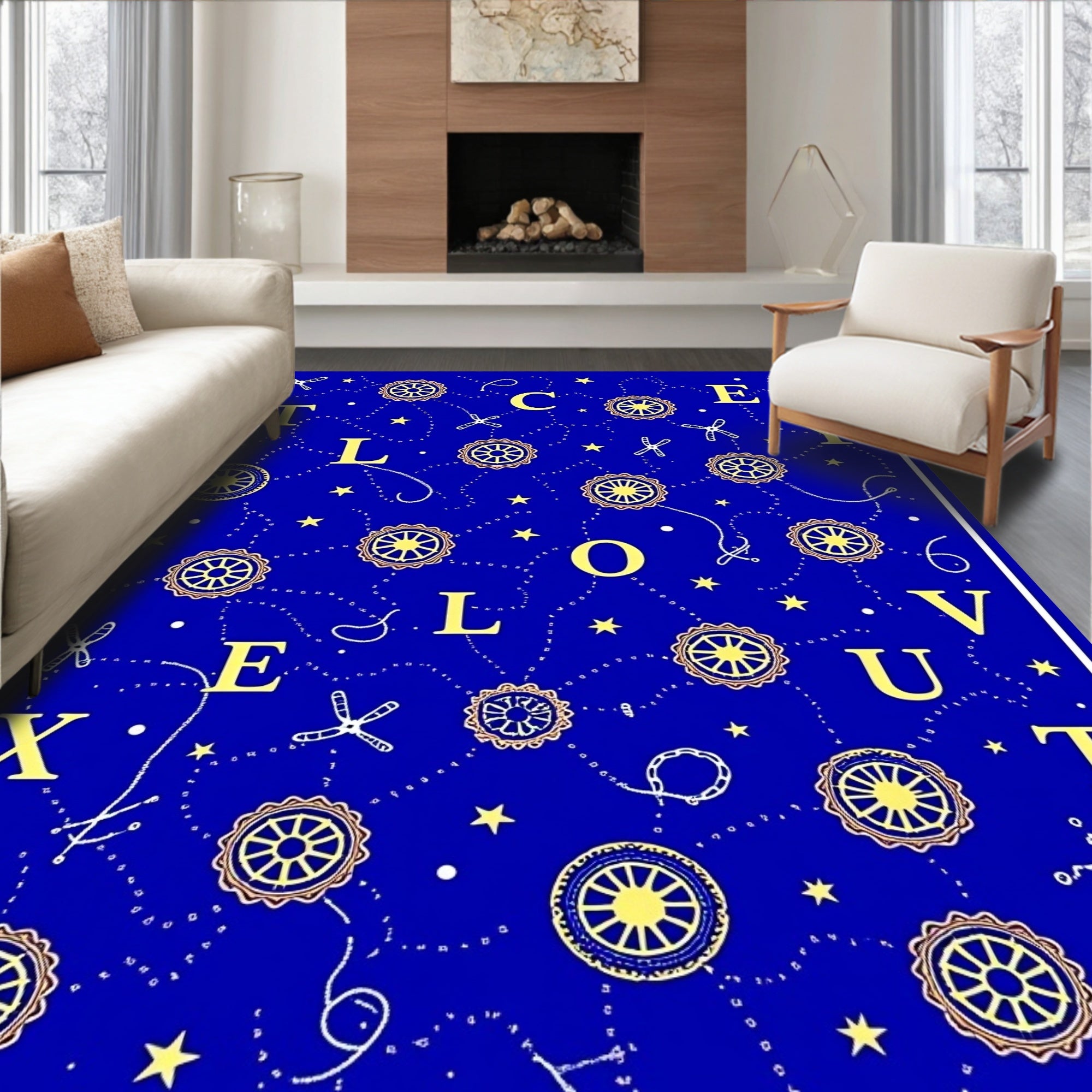 Yellow Wheel Starry Cosmic Blue Field Rug