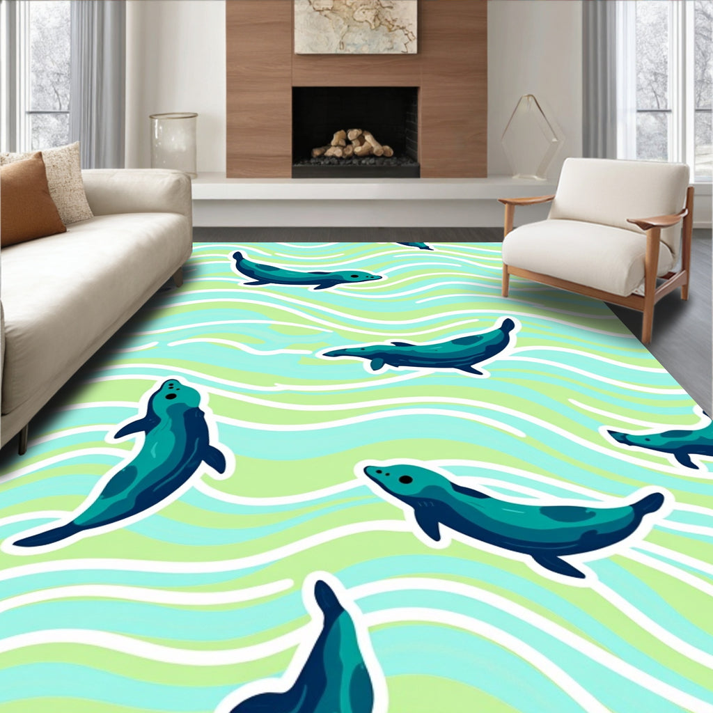 Teal Seal Swirls Ocean Rug