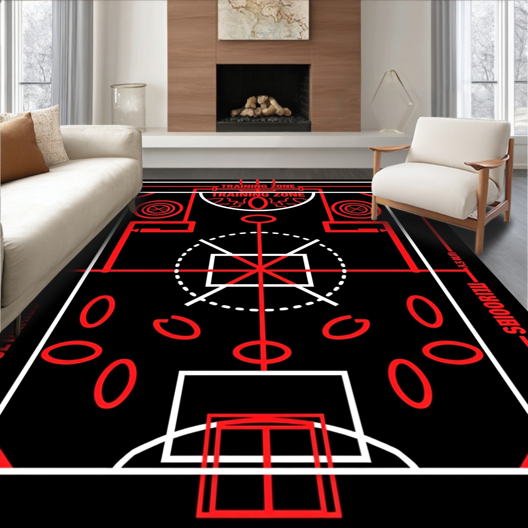 Red Geometric Court Graphic Rug