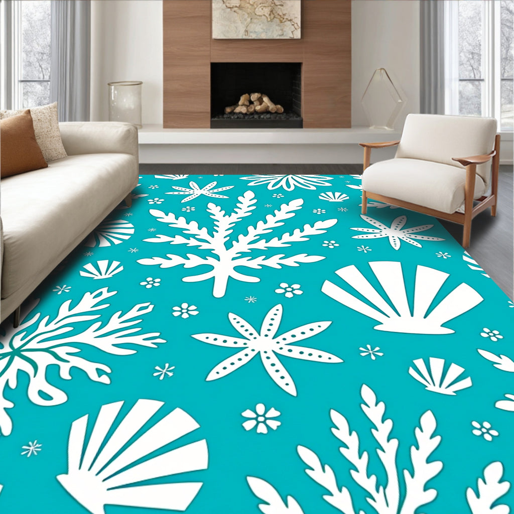 White Coral Starfish Seashell Marine Folk Art Rug