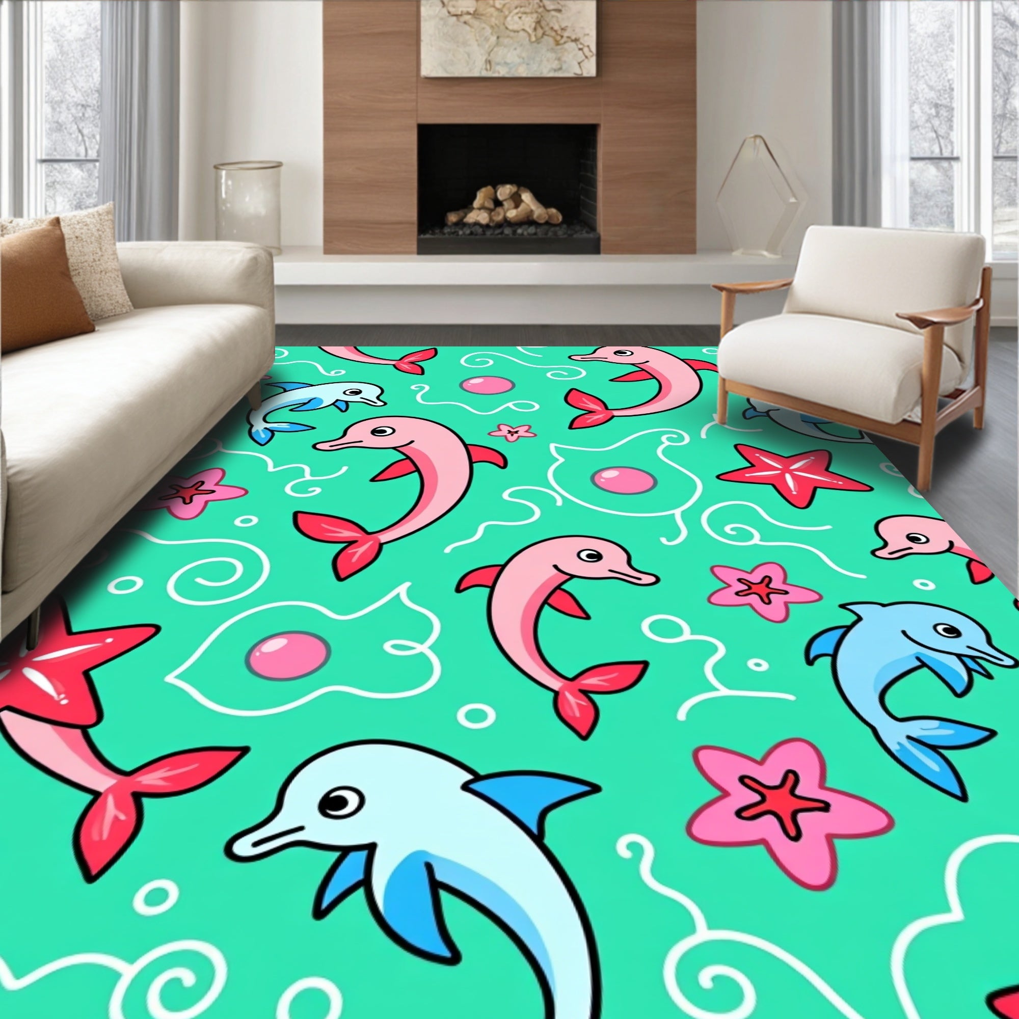 Pink Blue Dolphins Coral Sea Swirls Rug