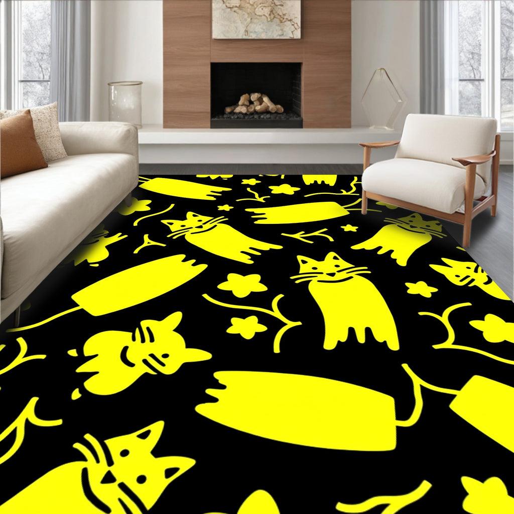 Bright Yellow Whimsical Cat Stars Rug