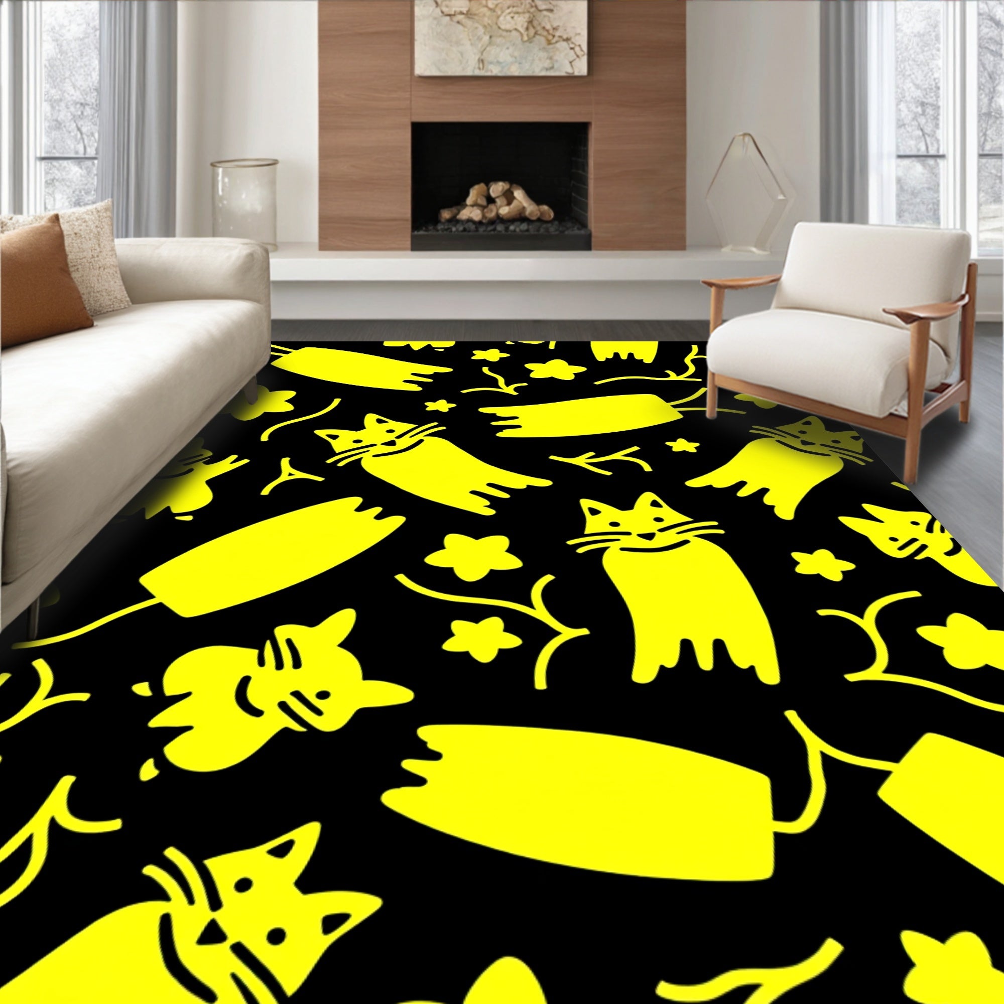 Bright Yellow Whimsical Cat Stars Rug