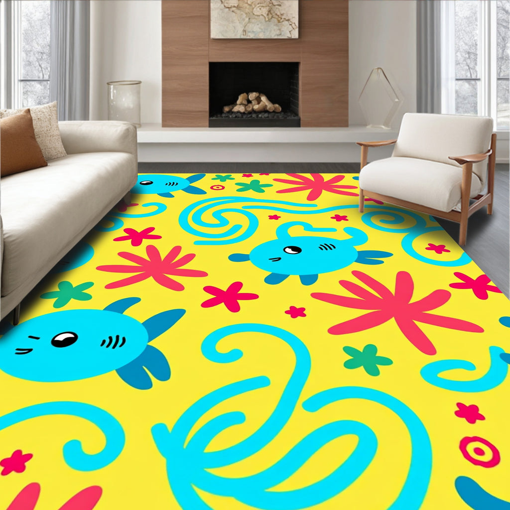 Happy Blue Turtle Coral Yellow Ocean Rug