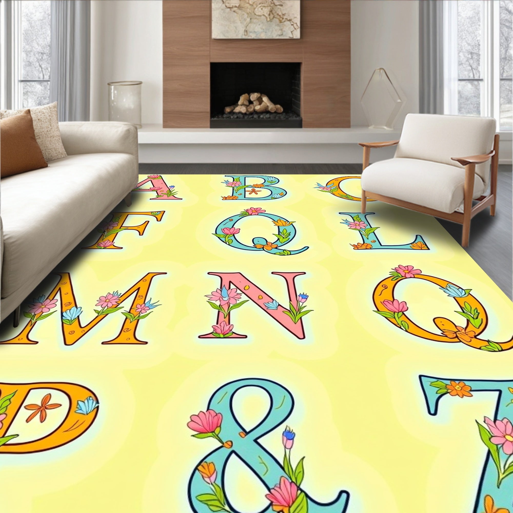 Pink Blue Orange Floral Alphabet Collage Rug