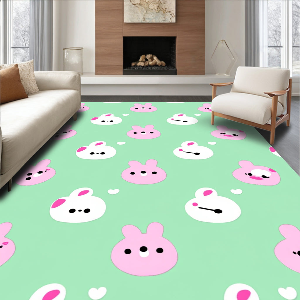 Sweet Pink Bunny Hearts Mint Rug