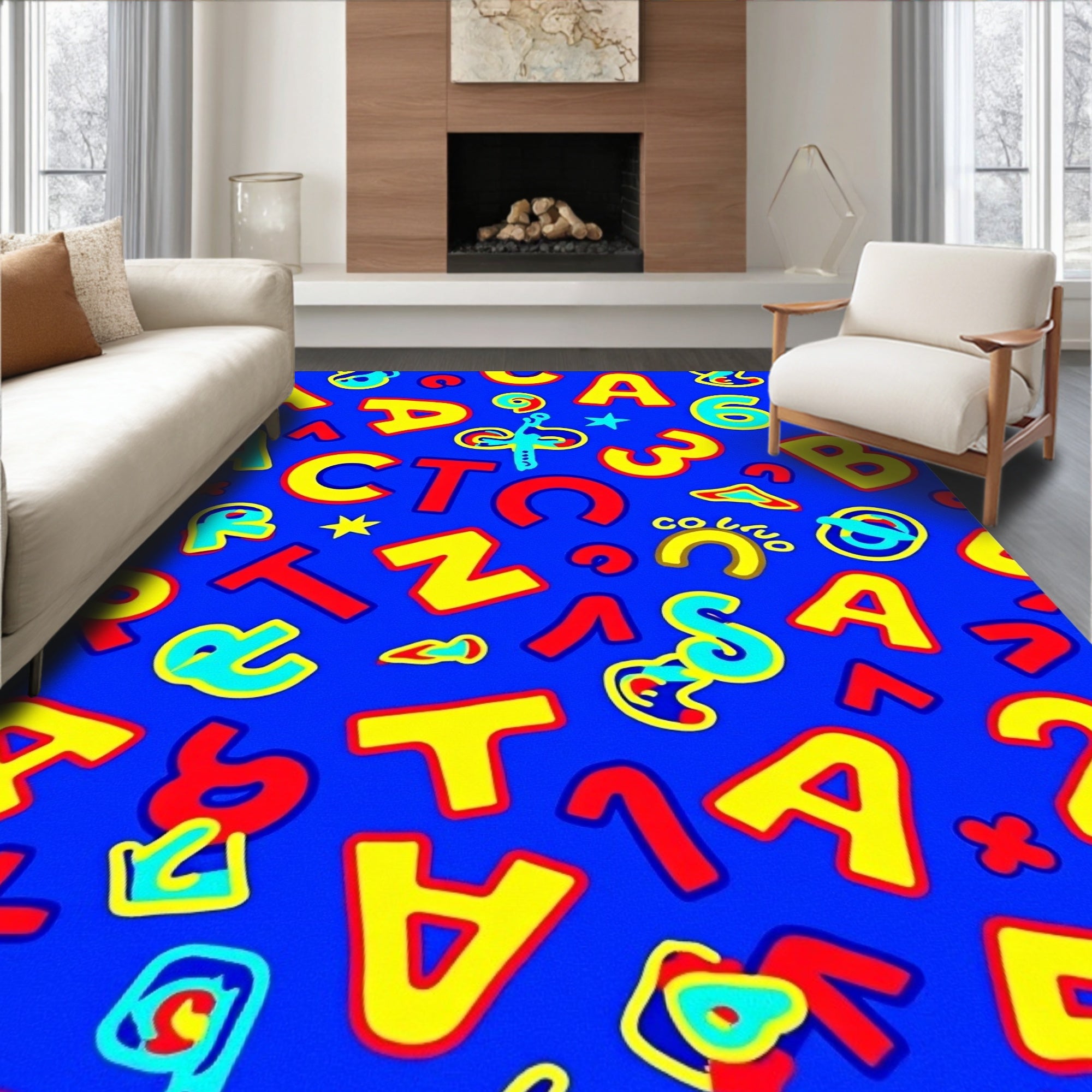 Bold Alphabet Blue Red Yellow Collage Rug