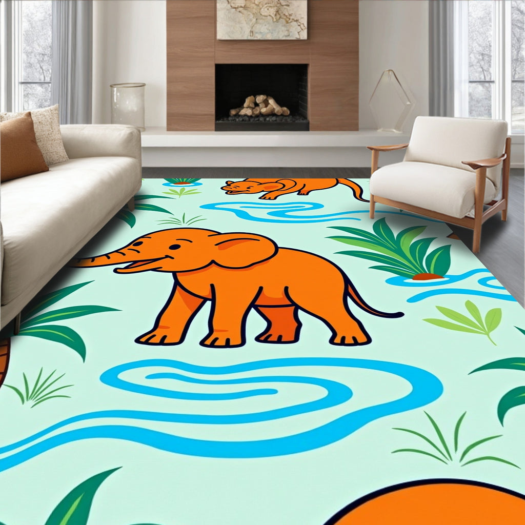 Orange Elephant With Palm Trees Rug
