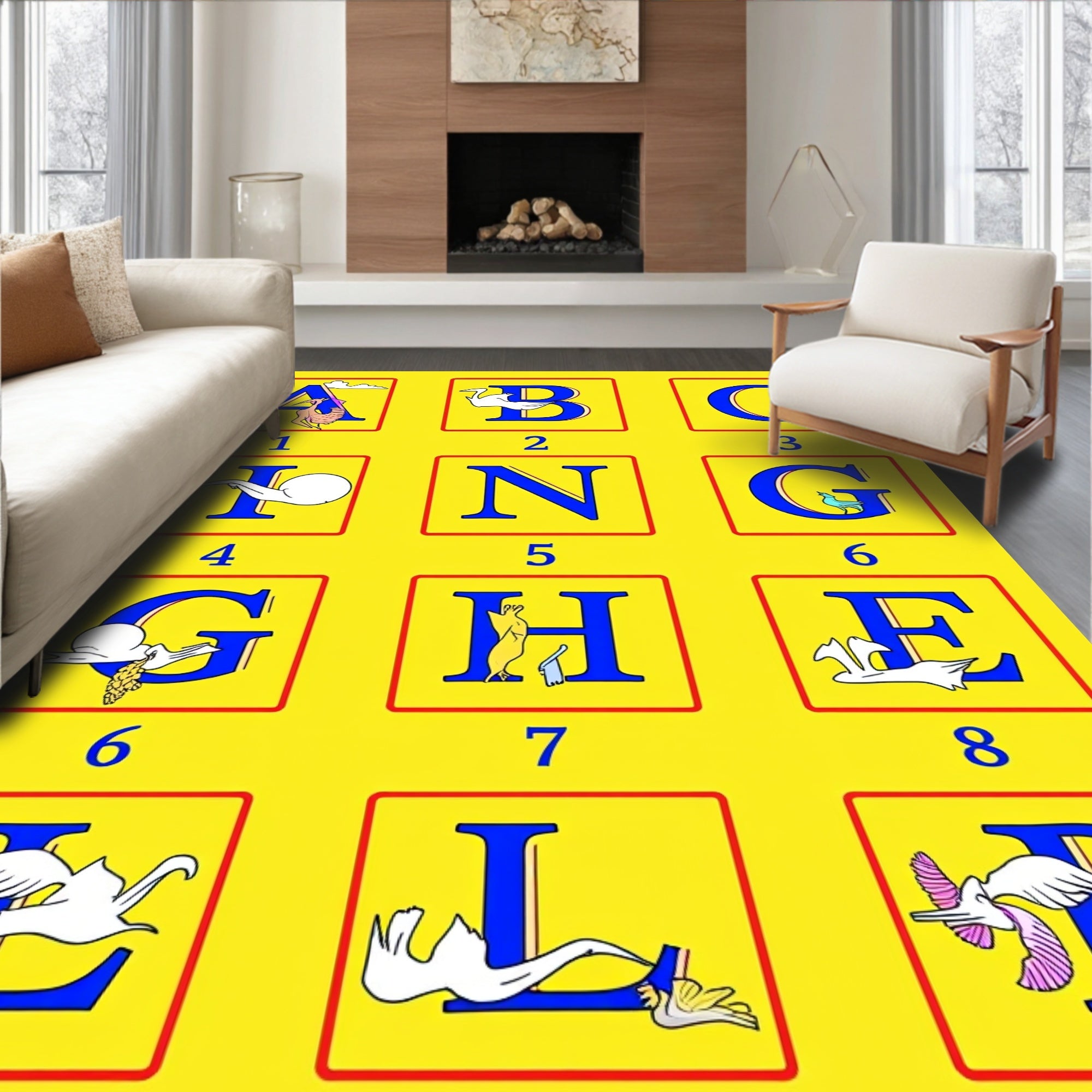 Blue Alphabet Birds Yellow Rug