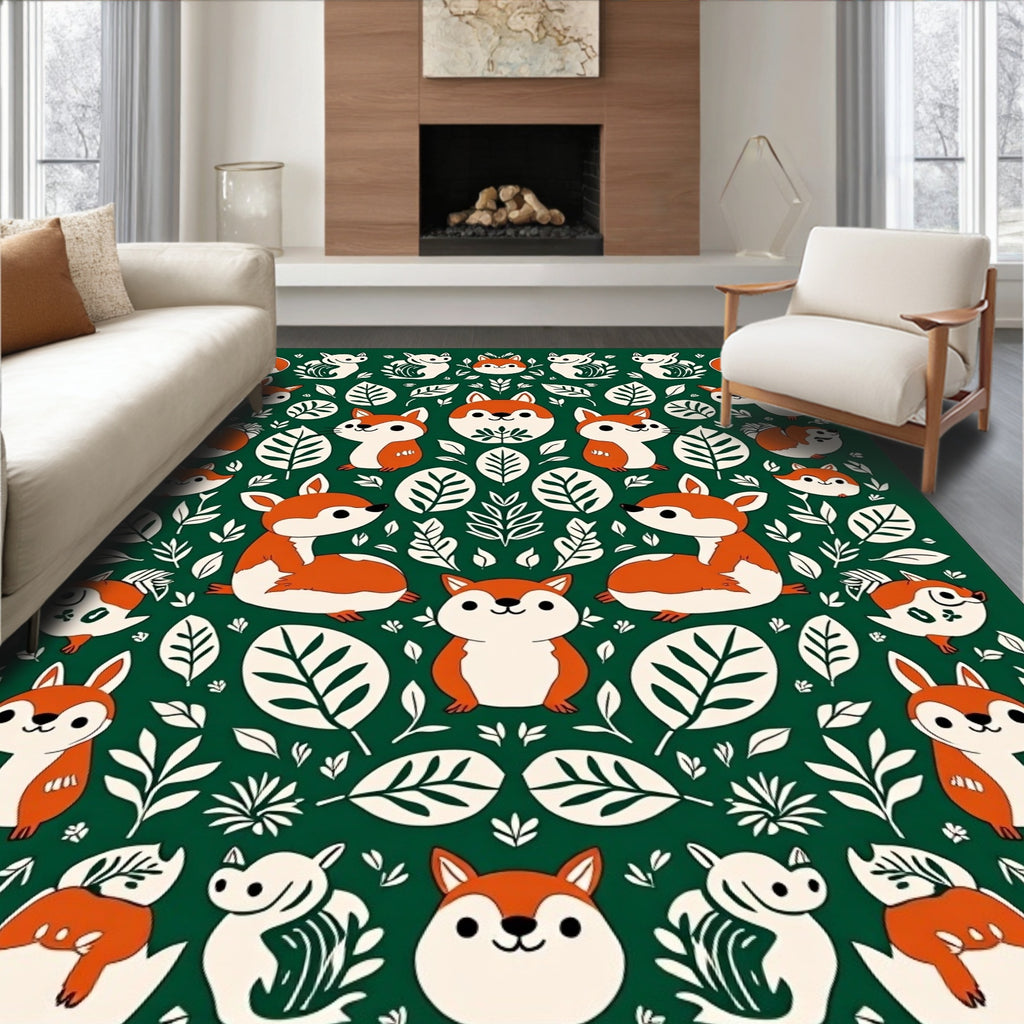 Forest Friends Fox And Leaf Repeating Design Rug
