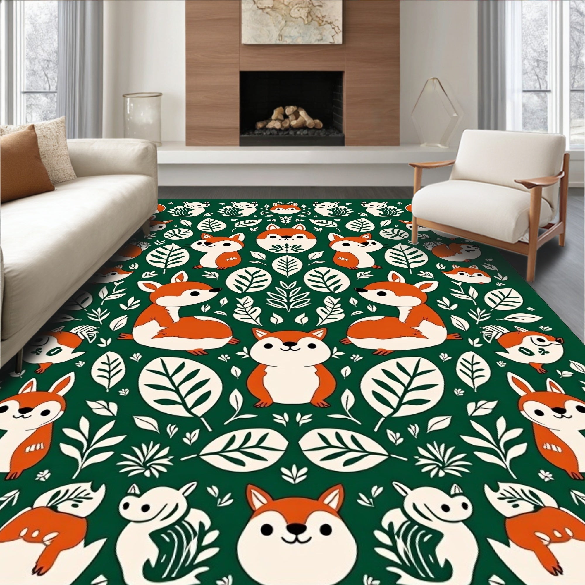 Forest Friends Fox And Leaf Repeating Design Rug
