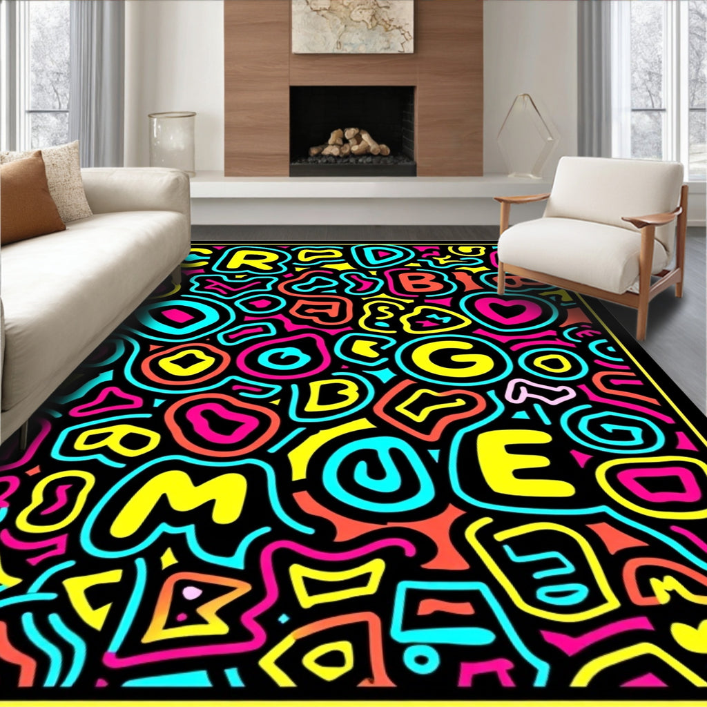 Vibrant Neon Street Art Doodle Rug