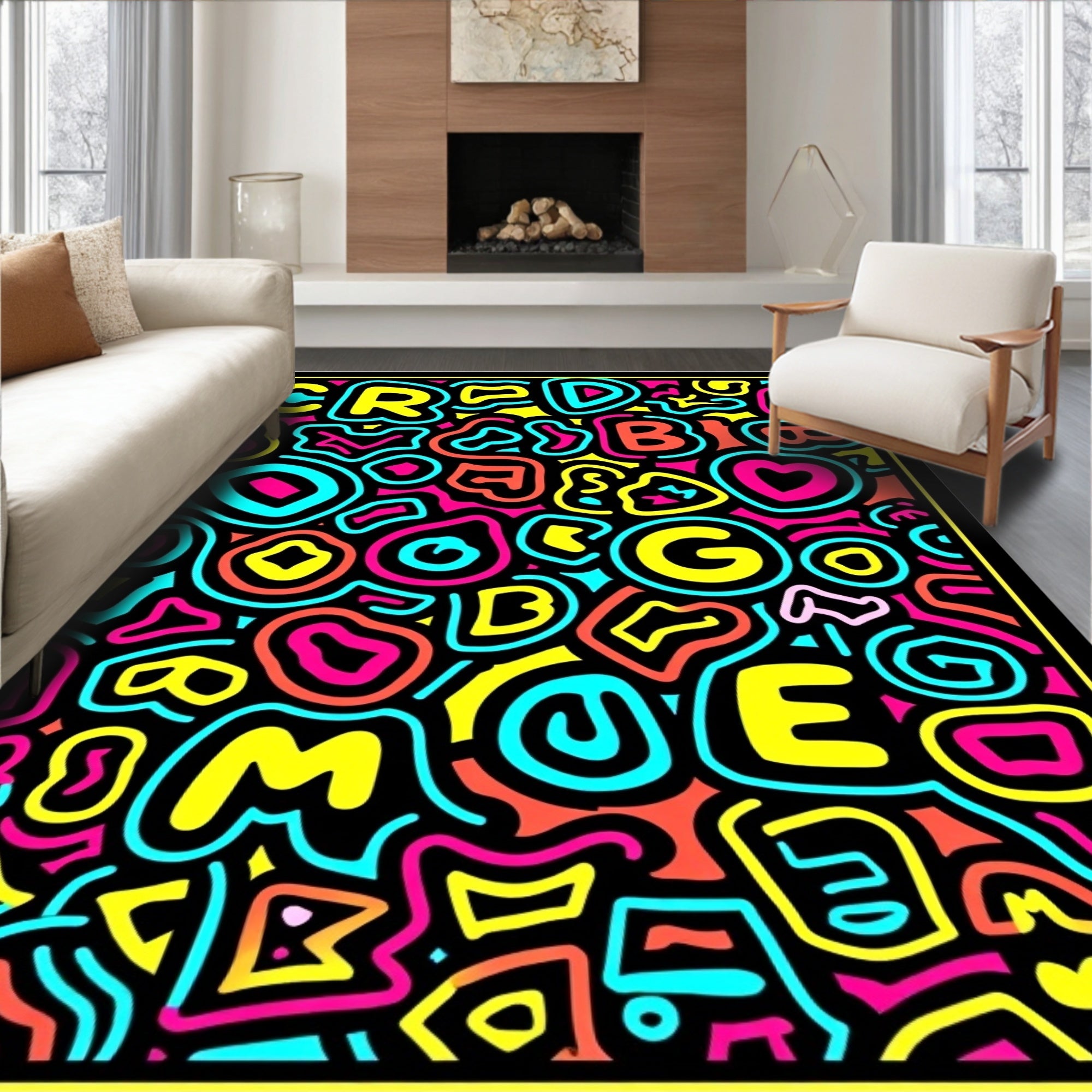 Vibrant Neon Street Art Doodle Rug