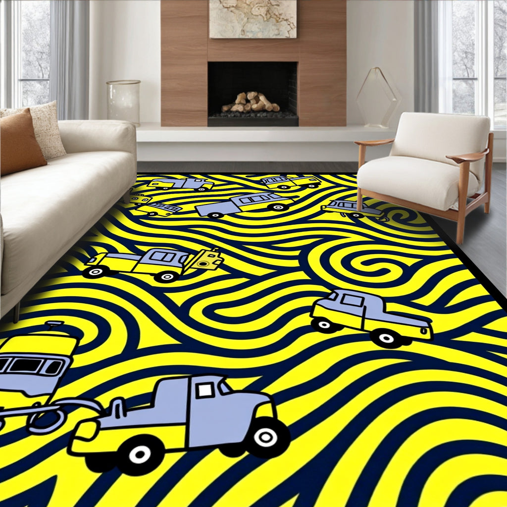 Yellow Blue Vehicles Wavy Background Rug