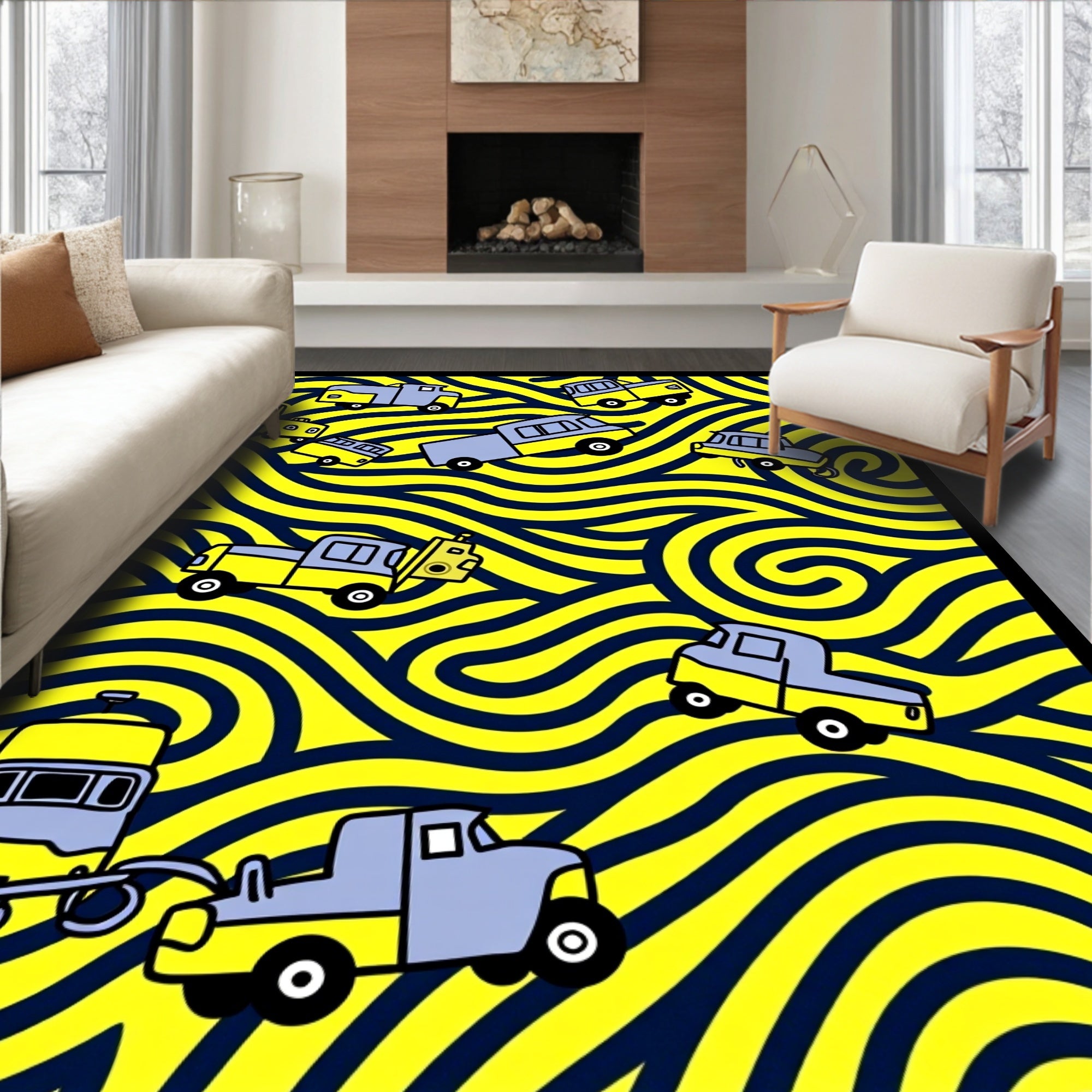 Yellow Blue Vehicles Wavy Background Rug