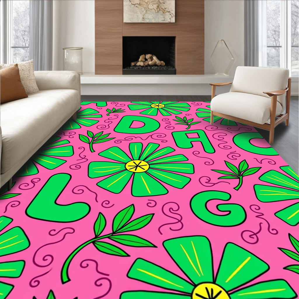 Bright Pink Green Daisy Letters Rug