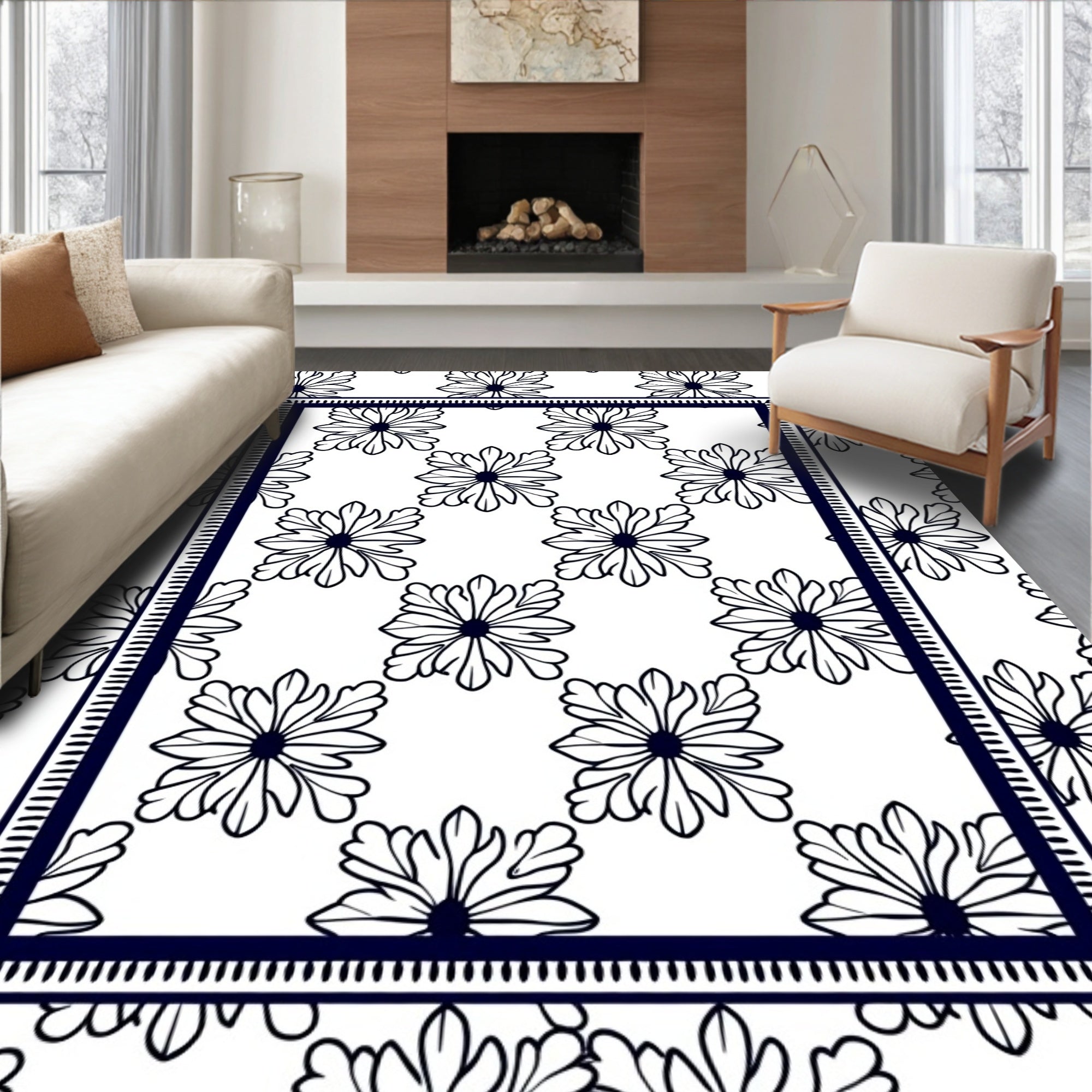 Graphic White Floral Bordered Rug