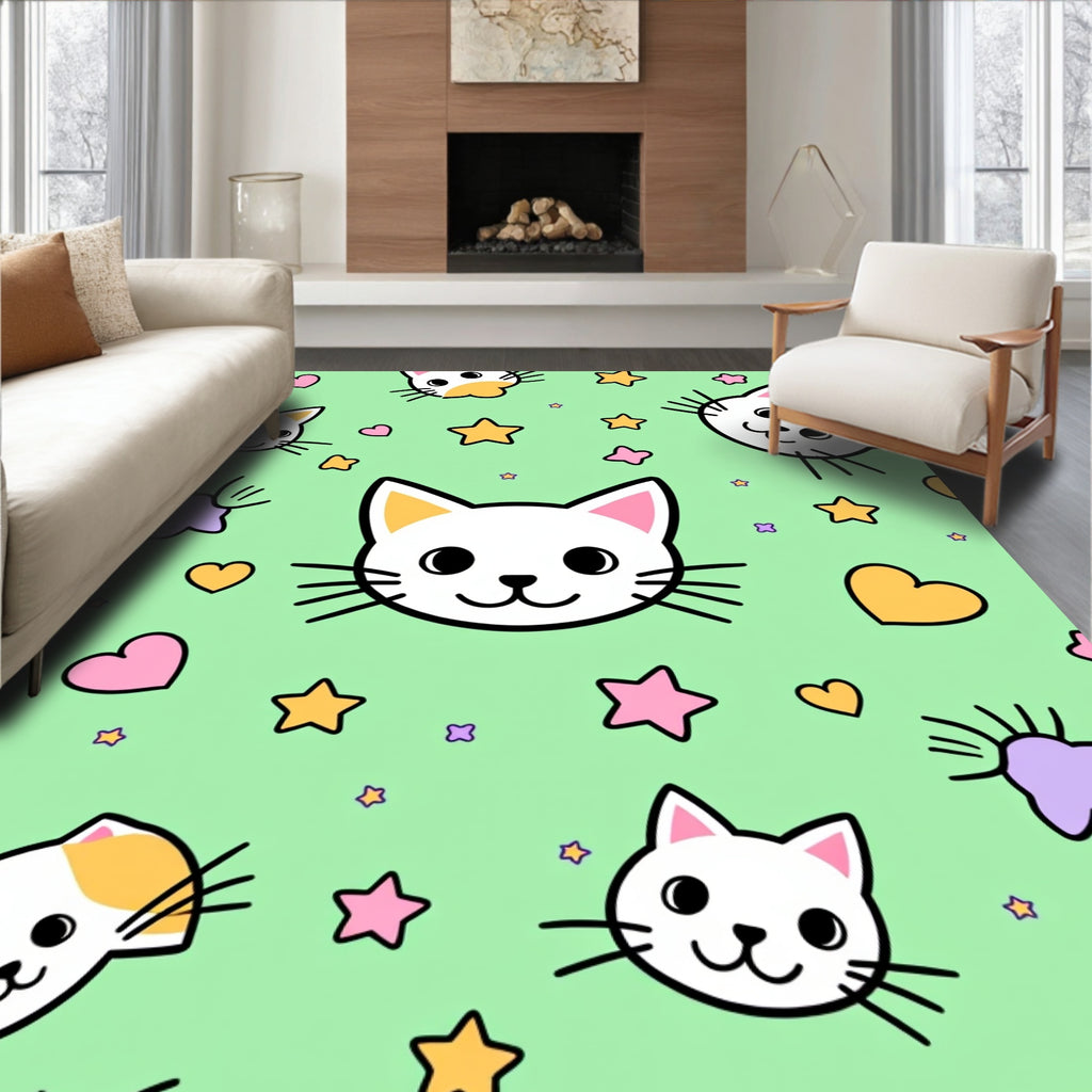 Cute Whimsical Cat Star Hearts Print Rug