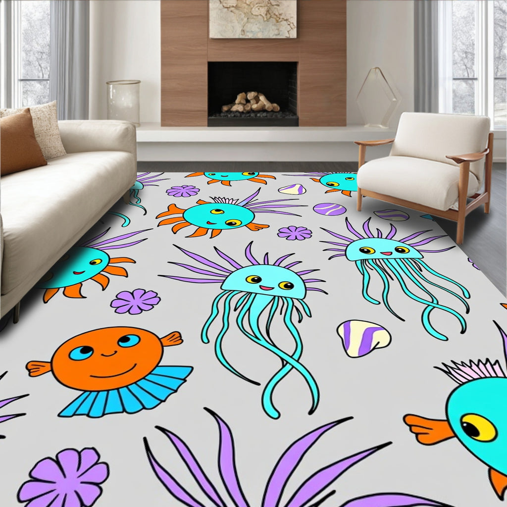 Cute Teal Jellyfish Orange Fish Ocean Rug