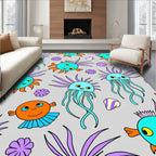 Cute Teal Jellyfish Orange Fish Ocean Rug