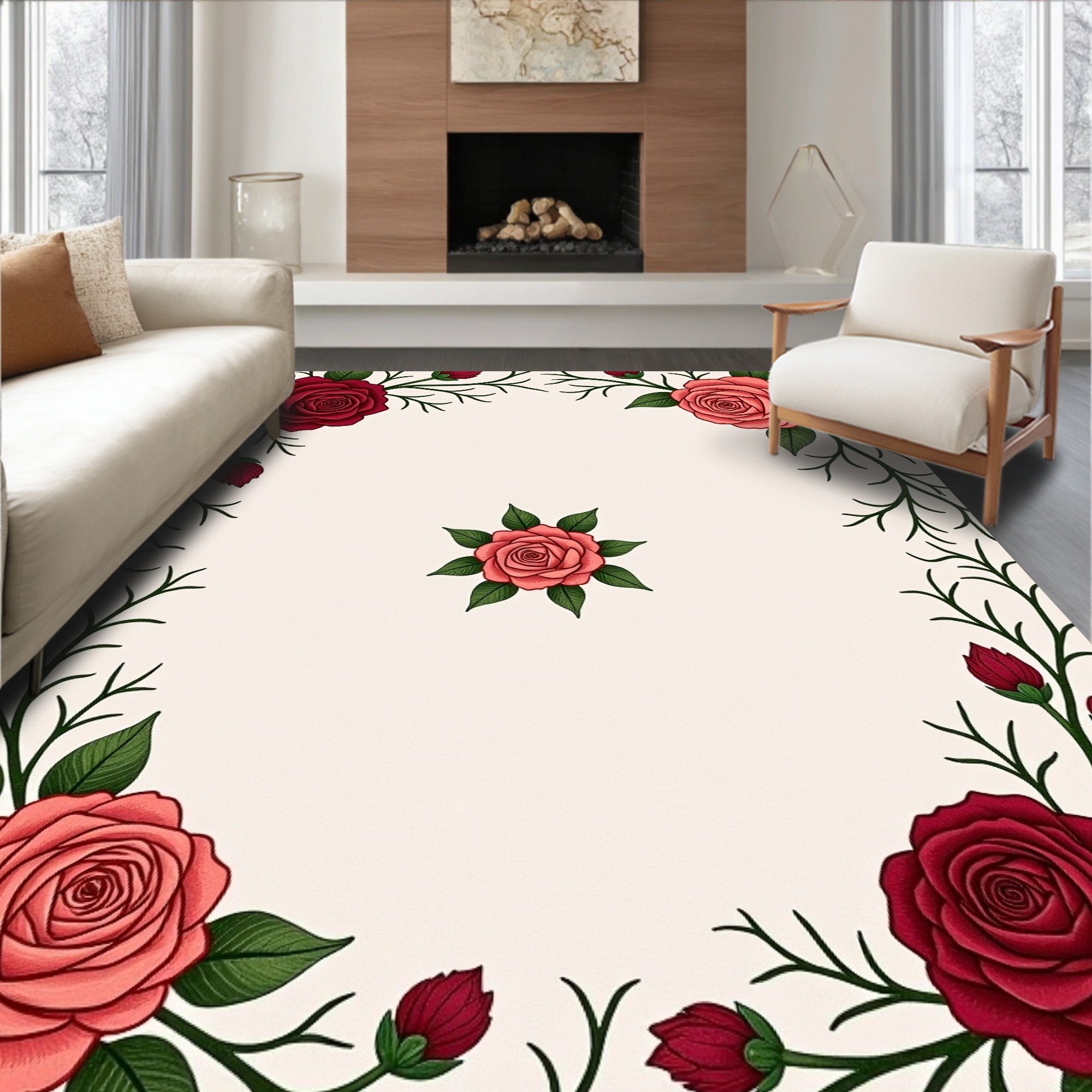 Crimson Coral Rose Floral Garland Rug