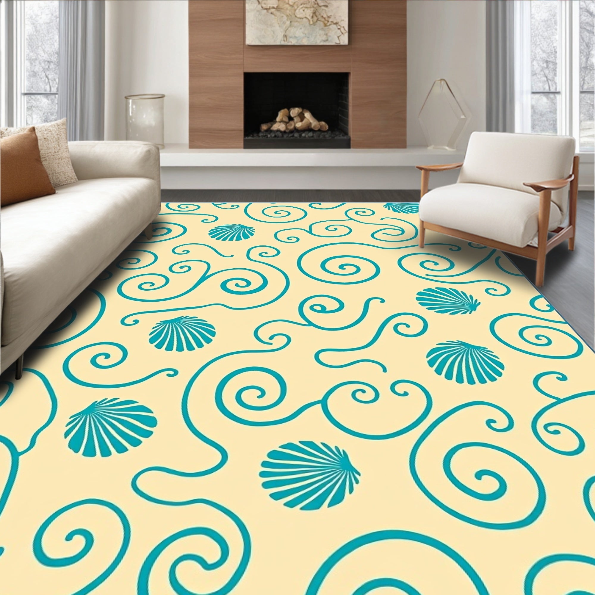 Teal Seashell Swirls Cream Rug