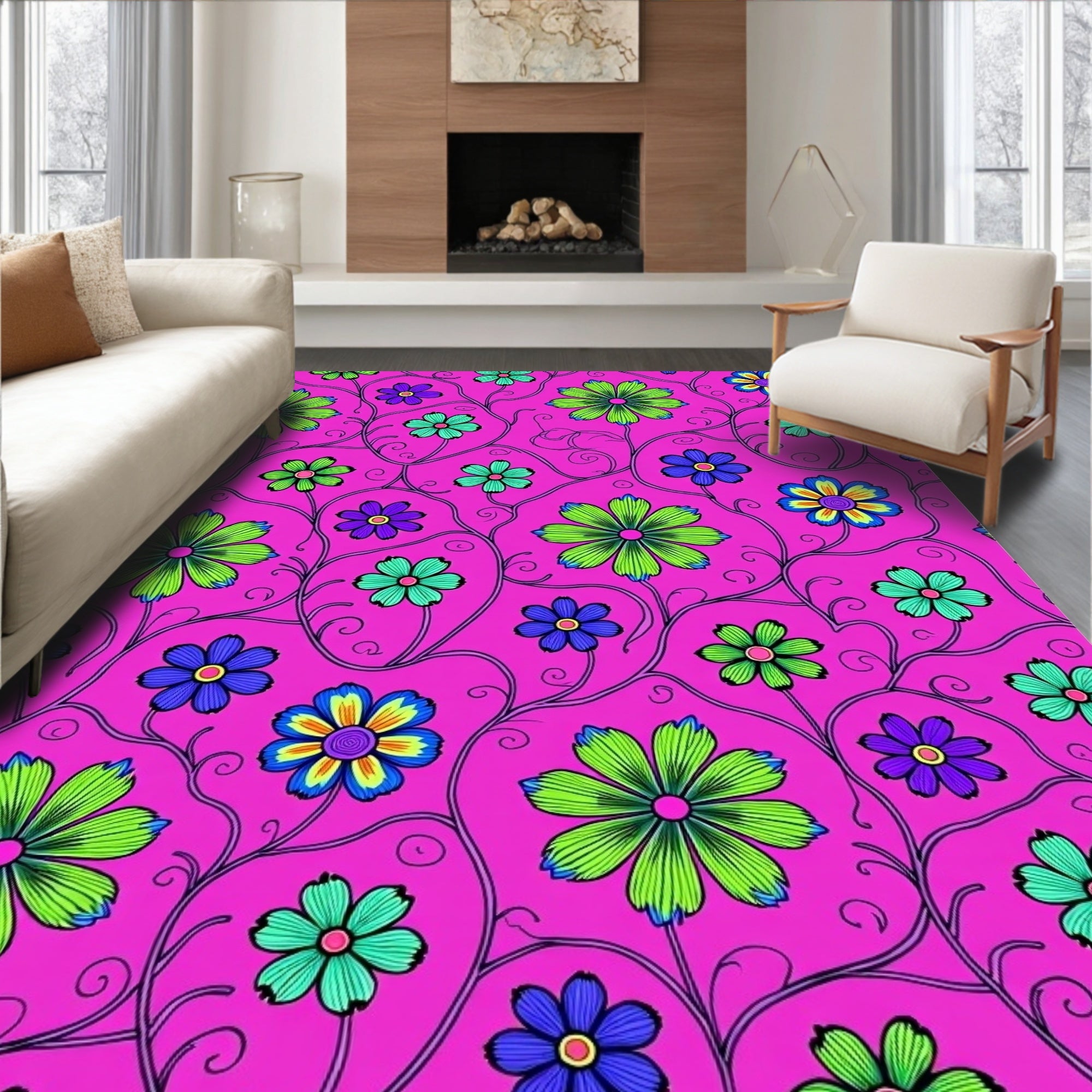 Vibrant Pink Floral Vine Meadow Rug