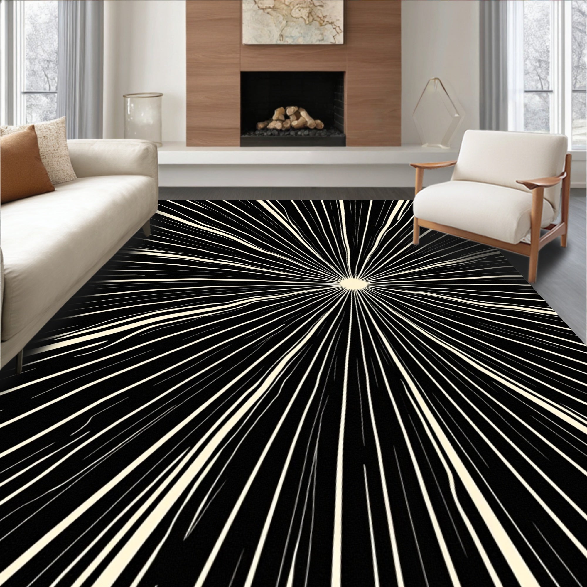 Black White Radiant Burst Rug