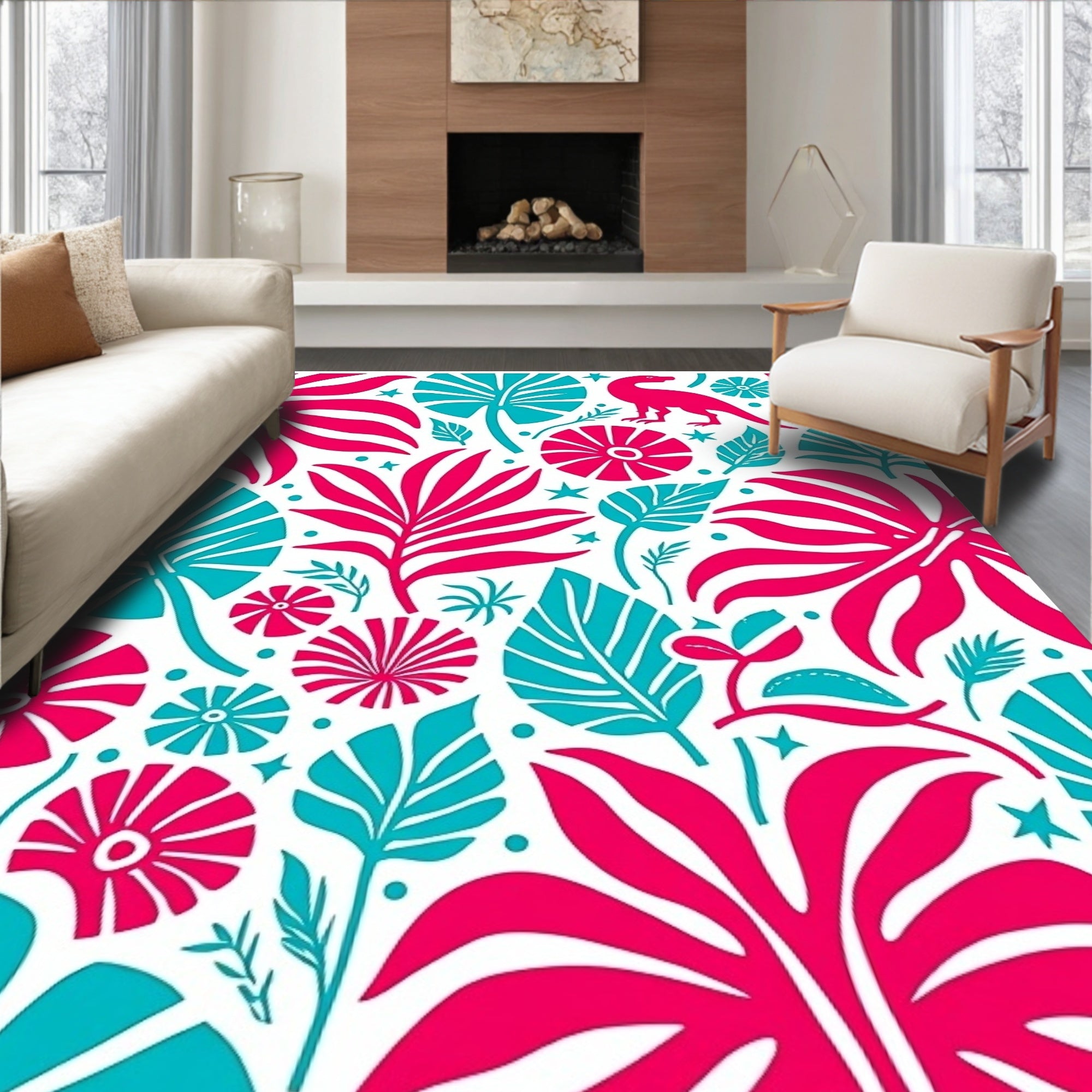 Bright Coral Teal Tropical Dino Flora Rug