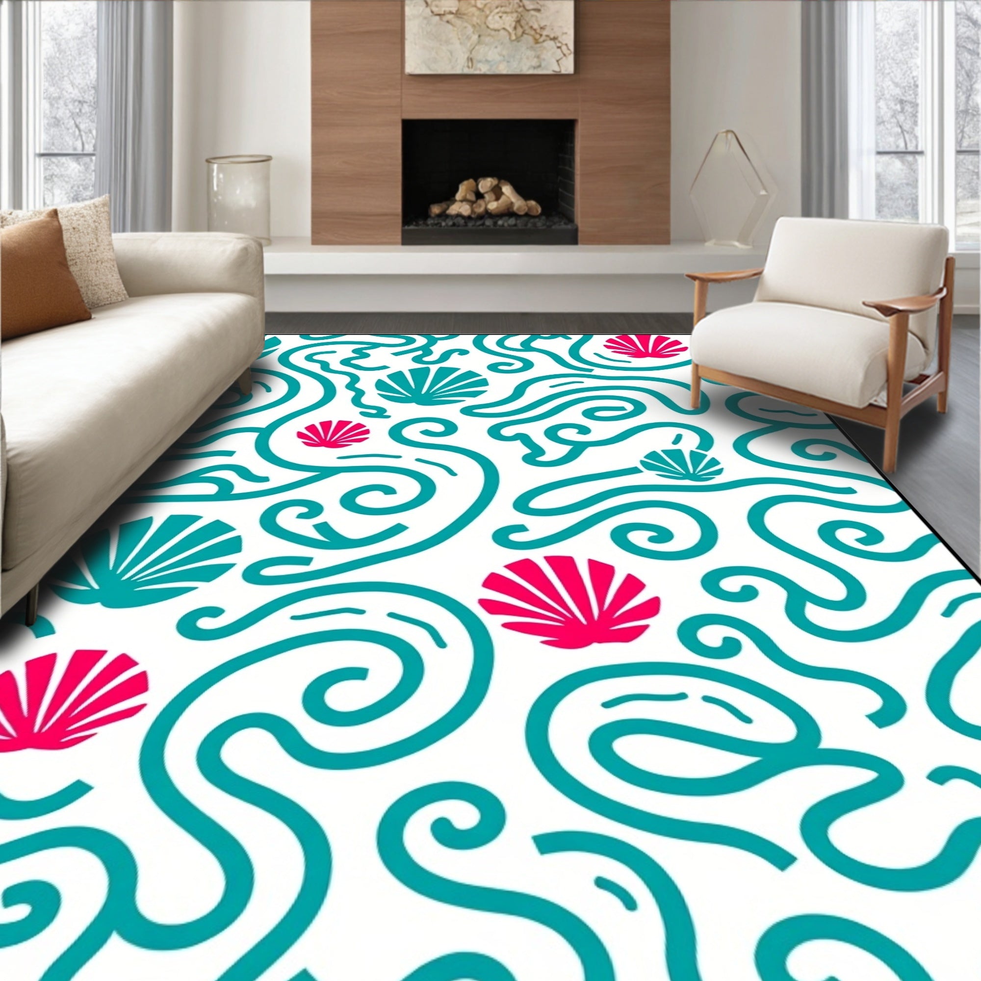 Teal Coral Swirl Shell Collage Rug