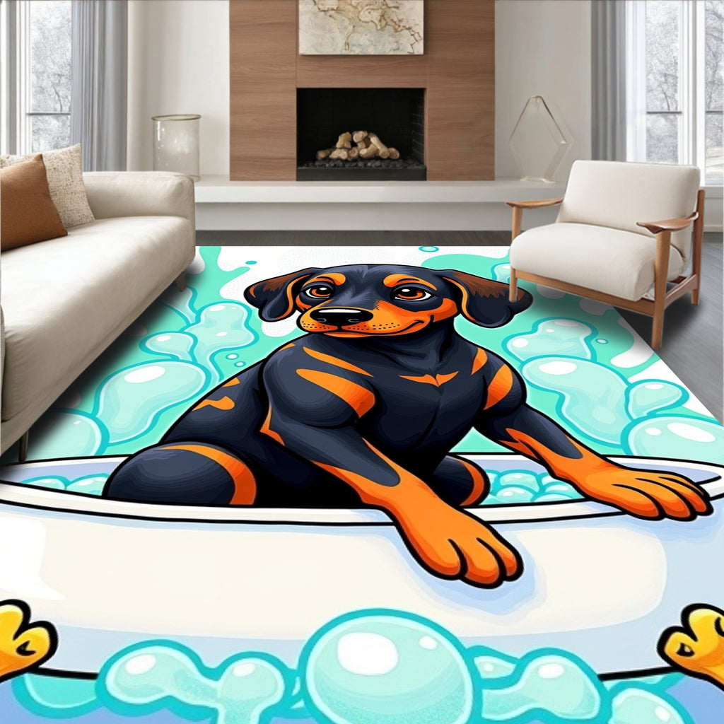 Black Orange Dachshund Bathtime Bubbles Rug
