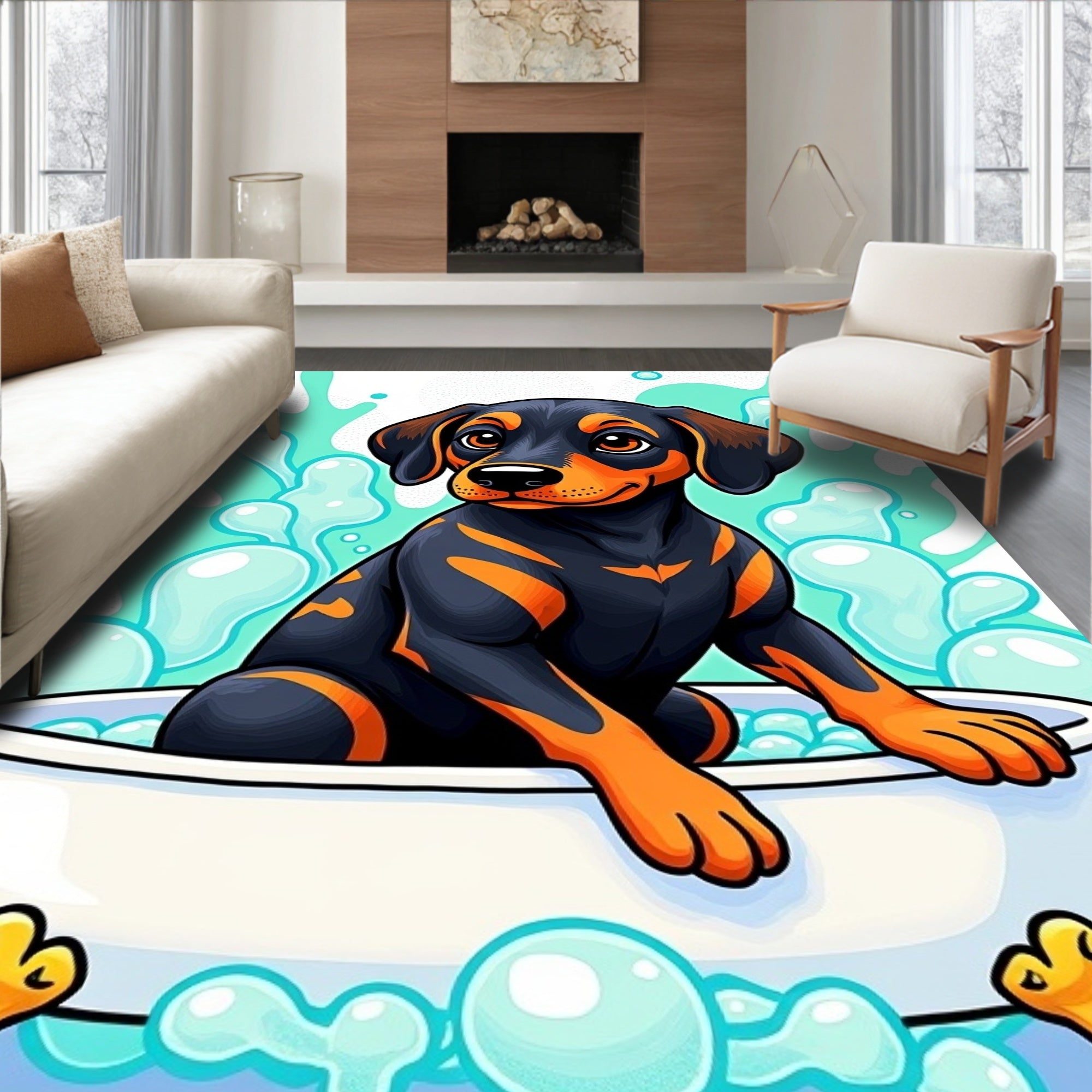 Black Orange Dachshund Bathtime Bubbles Rug