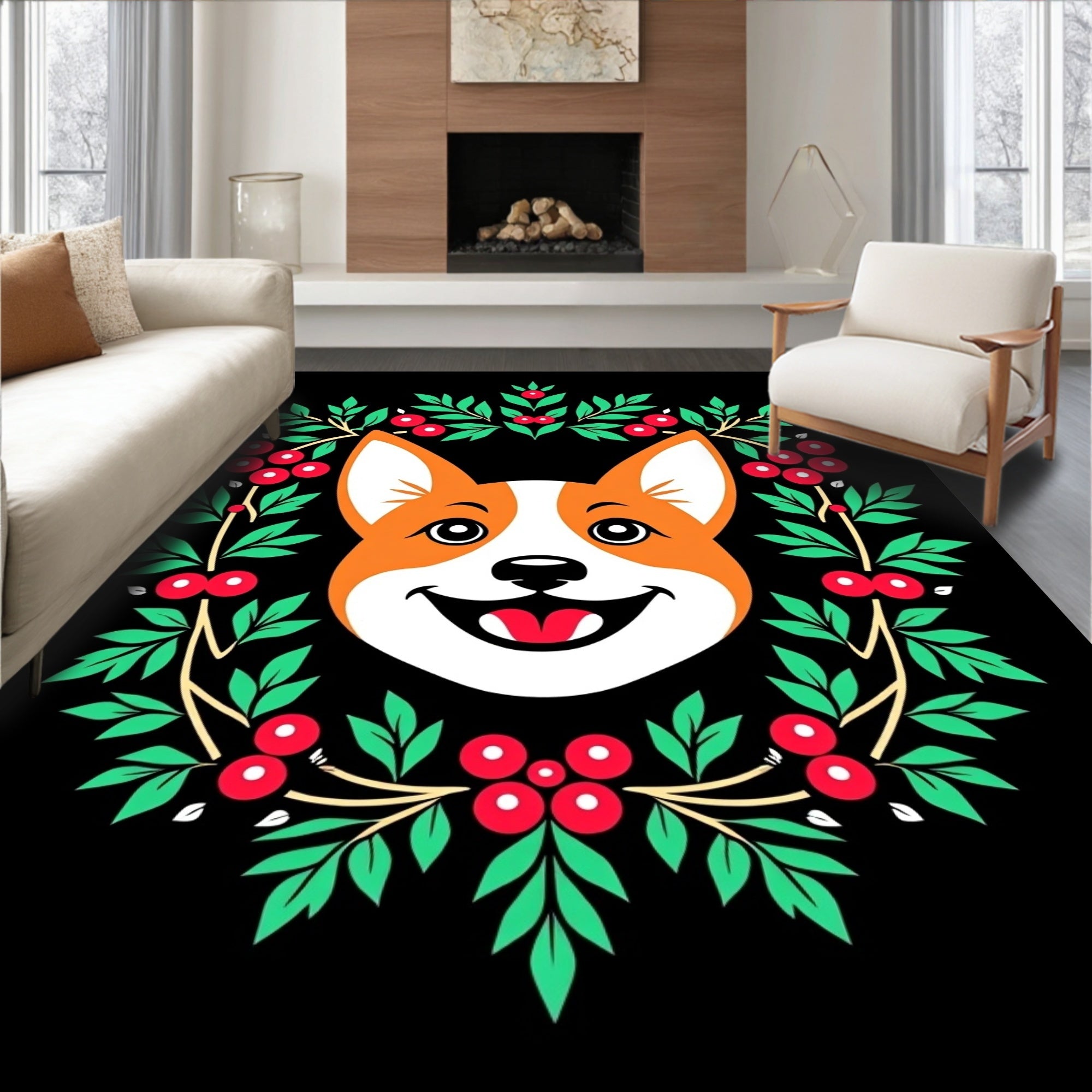Happy Corgi Festive Berry Wreath Rug