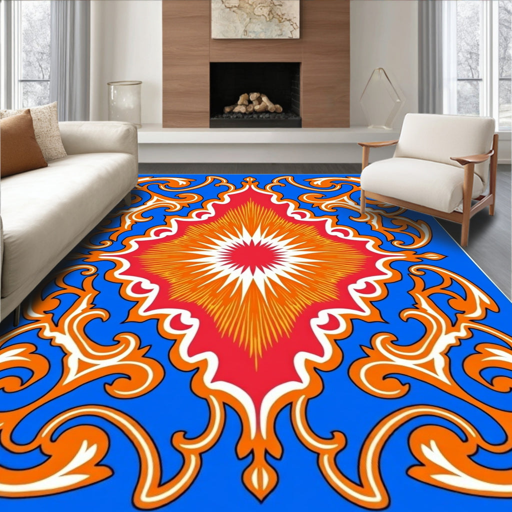 Vibrant Red Sunburst Scrollwork Inlay Rug
