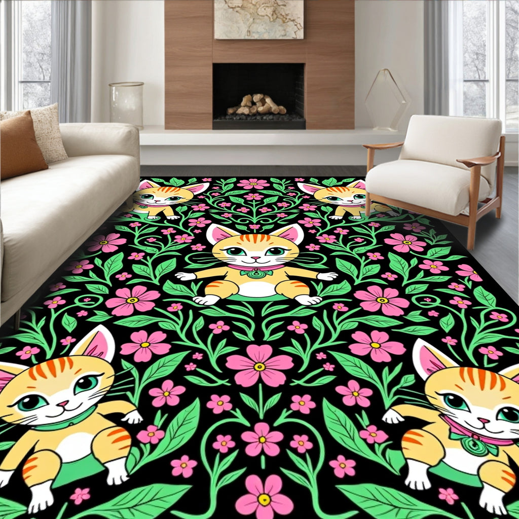 Whimsical Kitty Floral Garden Rug