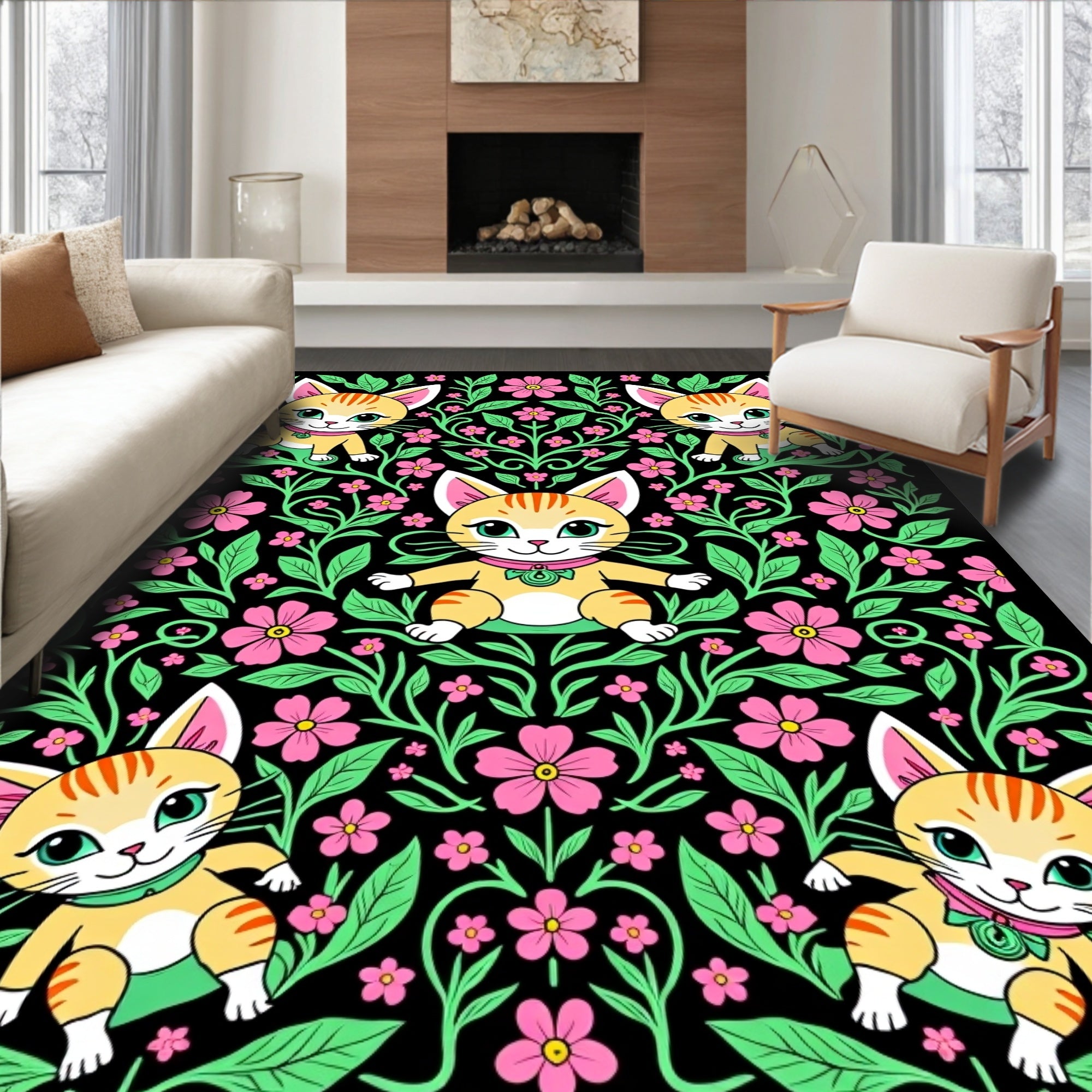 Whimsical Kitty Floral Garden Rug