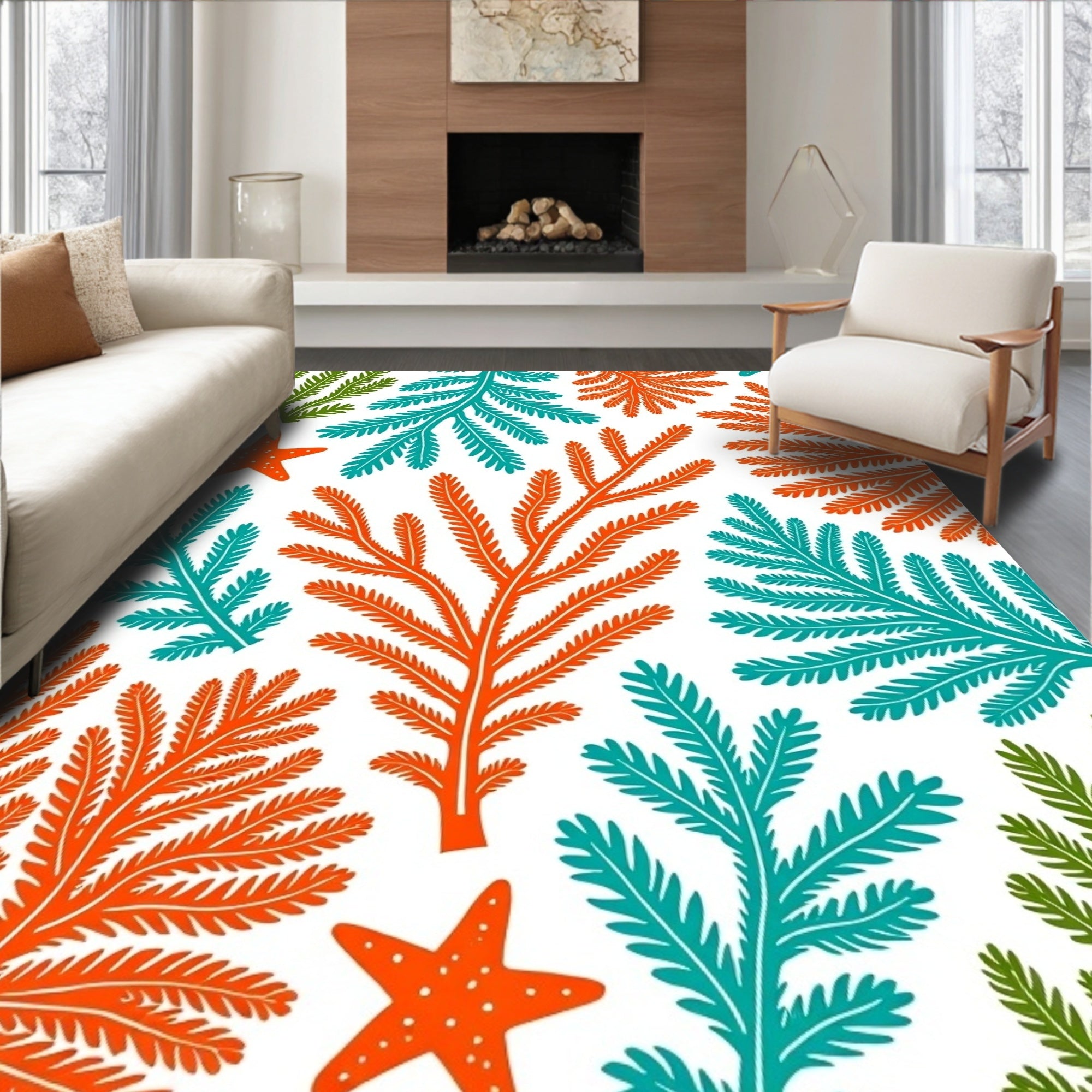 Ocean Coral Starfish Green Blue Orange Rug