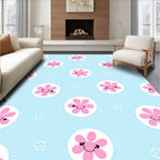 Cute Pink Flower Burst Sky Blue Rug