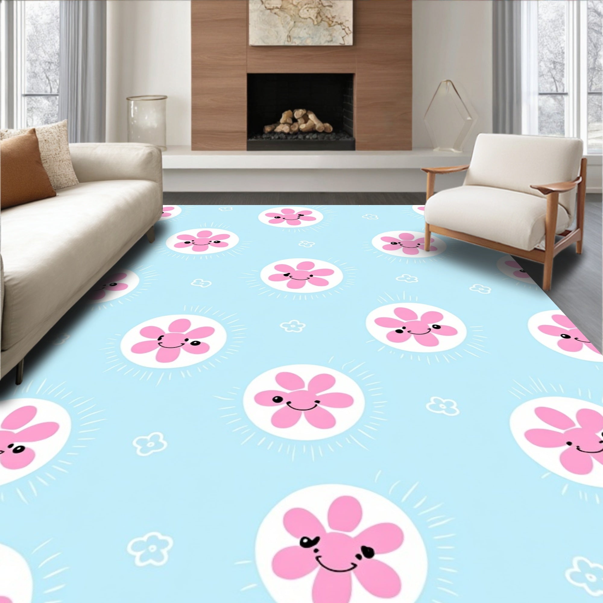 Cute Pink Flower Burst Sky Blue Rug