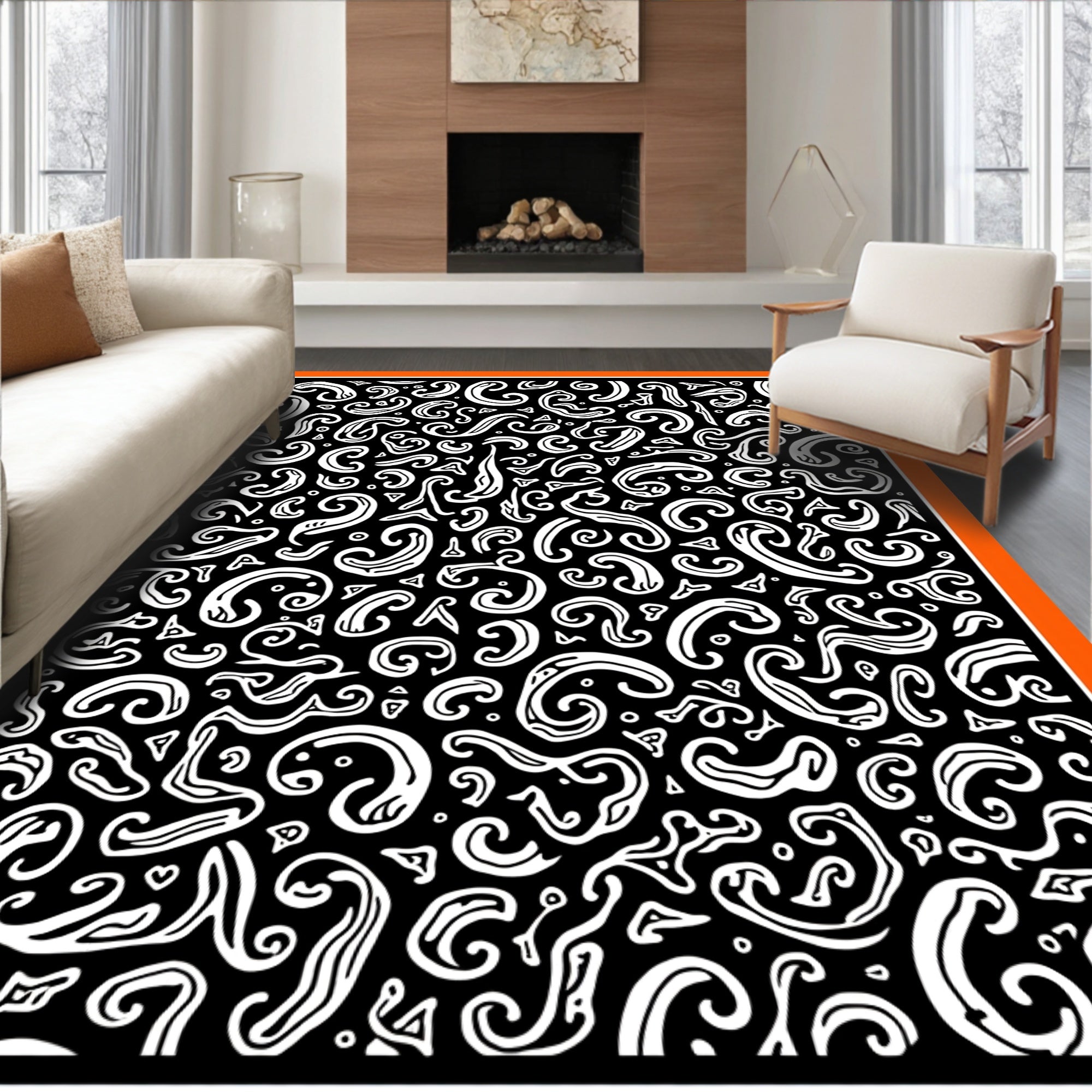White Swirls On Black Background Rug
