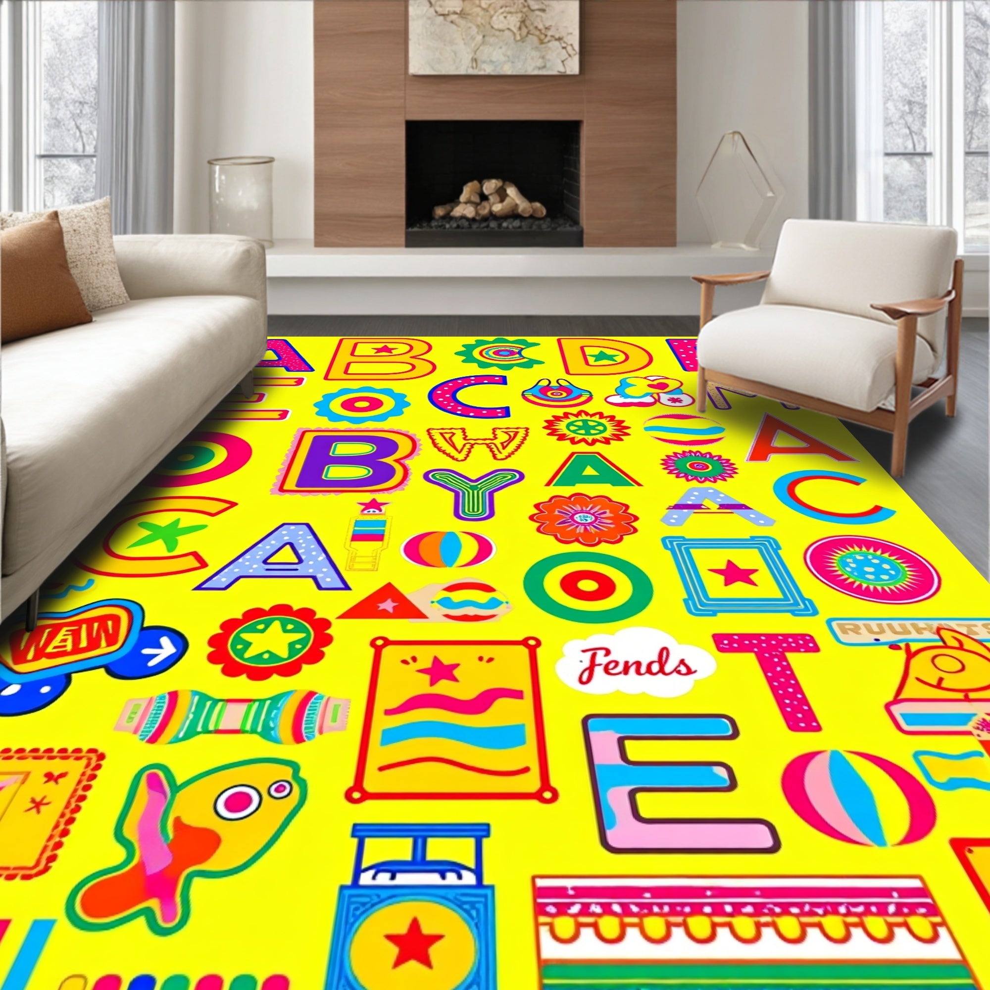 Playful Alphabet Collage Bright Colors Rug