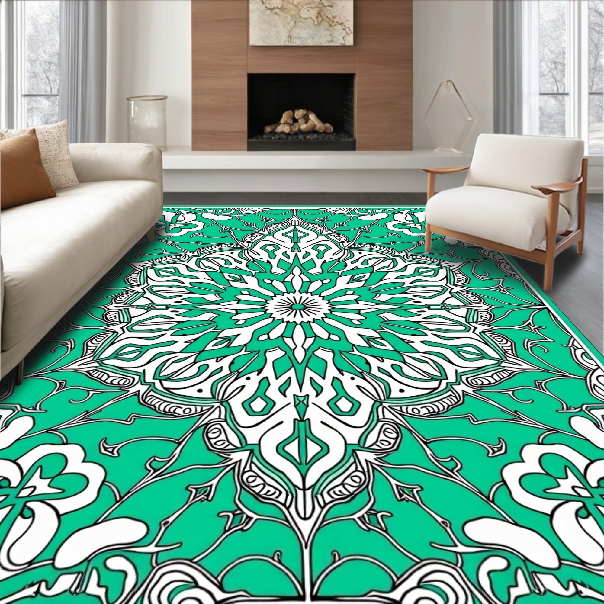 Emerald White Floral Mandala Rug